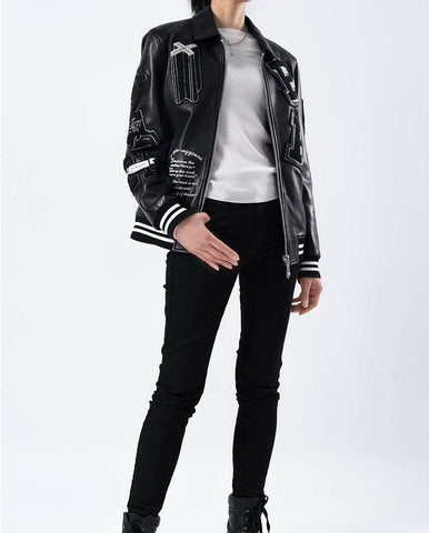 Black Quilted Lambskin Leather Letterman Varsity Bomber Jacket
