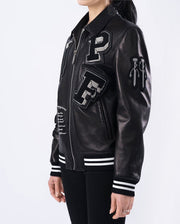 Black Quilted Lambskin Leather Letterman Varsity Bomber Jacket