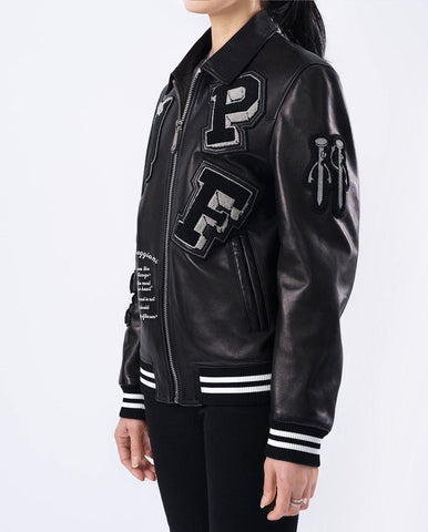 Black Quilted Lambskin Leather Letterman Varsity Bomber Jacket