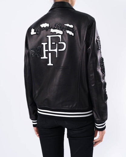 Black Quilted Lambskin Leather Letterman Varsity Bomber Jacket