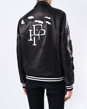 Black Quilted Lambskin Leather Letterman Varsity Bomber Jacket