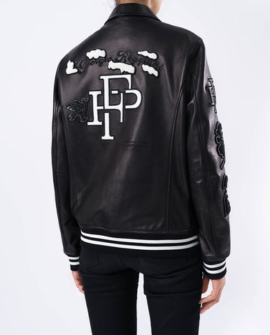 Black Quilted Lambskin Leather Letterman Varsity Bomber Jacket