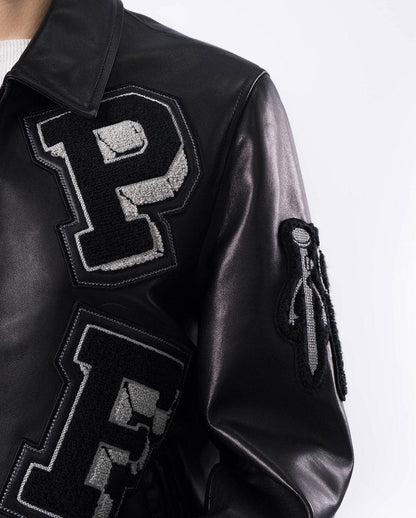 Black Quilted Lambskin Leather Letterman Varsity Bomber Jacket