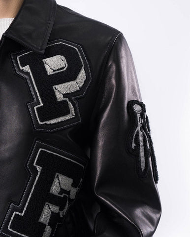 Black Quilted Lambskin Leather Letterman Varsity Bomber Jacket