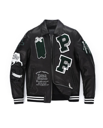 Black Quilted Lambskin Leather Letterman Varsity Bomber Jacket
