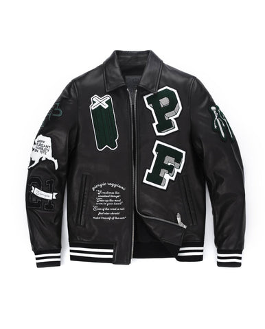Black Quilted Lambskin Leather Letterman Varsity Bomber Jacket