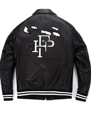 Black Quilted Lambskin Leather Letterman Varsity Bomber Jacket
