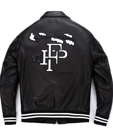 Black Quilted Lambskin Leather Letterman Varsity Bomber Jacket