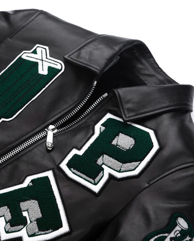 Black Quilted Lambskin Leather Letterman Varsity Bomber Jacket