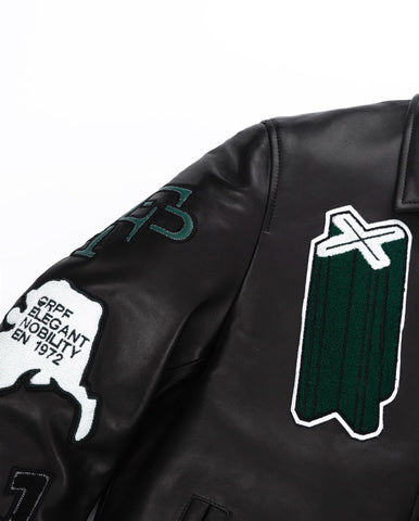 Black Quilted Lambskin Leather Letterman Varsity Bomber Jacket