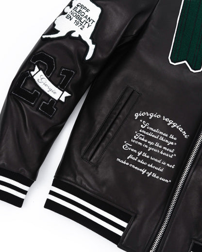 Black Quilted Lambskin Leather Letterman Varsity Bomber Jacket