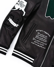 Black Quilted Lambskin Leather Letterman Varsity Bomber Jacket
