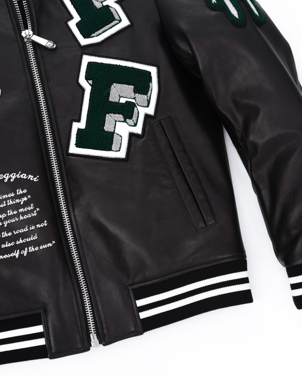 Black Quilted Lambskin Leather Letterman Varsity Bomber Jacket