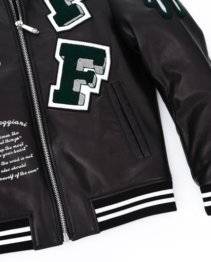 Black Quilted Lambskin Leather Letterman Varsity Bomber Jacket