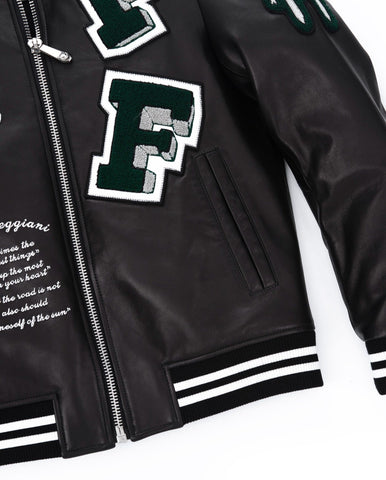 Black Quilted Lambskin Leather Letterman Varsity Bomber Jacket
