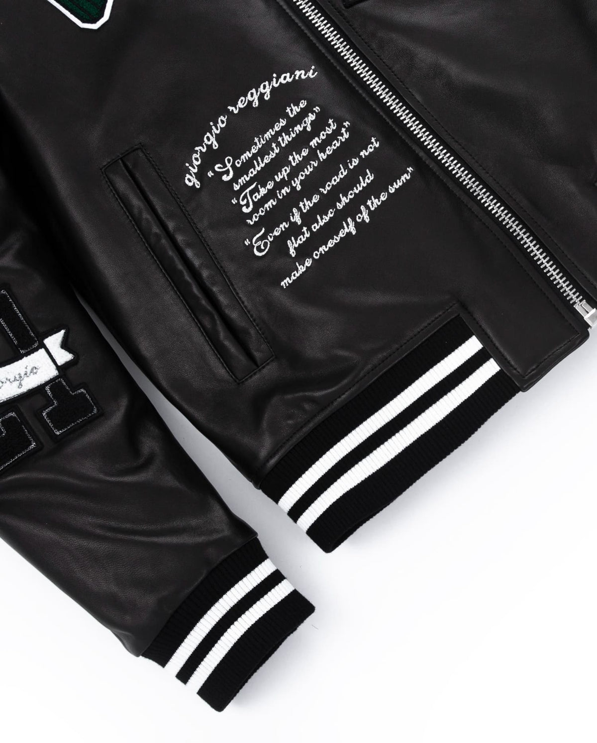 Black Quilted Lambskin Leather Letterman Varsity Bomber Jacket