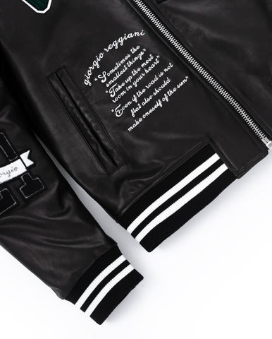 Black Quilted Lambskin Leather Letterman Varsity Bomber Jacket