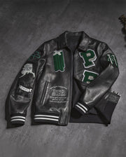 Black Quilted Lambskin Leather Letterman Varsity Bomber Jacket