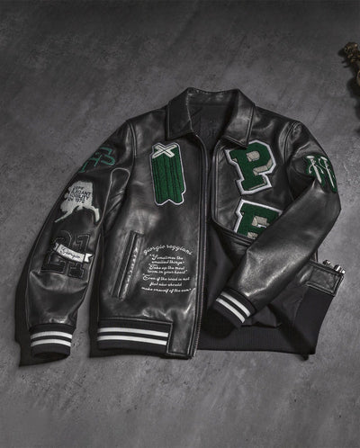 Black Quilted Lambskin Leather Letterman Varsity Bomber Jacket