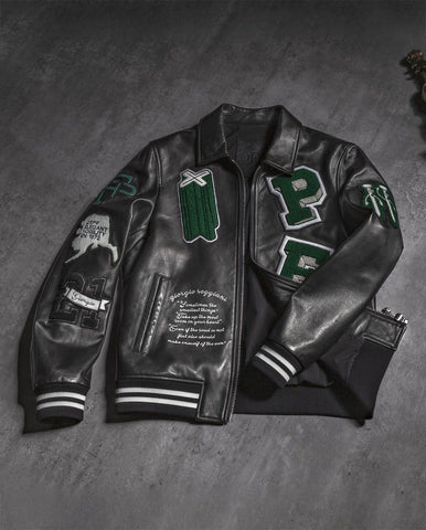 Black Quilted Lambskin Leather Letterman Varsity Bomber Jacket