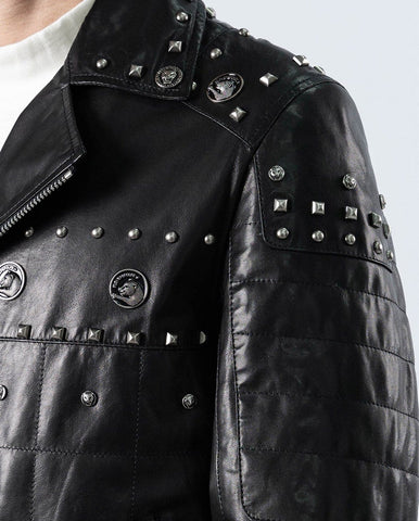 Black Rivet Punk Genuine Leather Moto Biker Jacket
