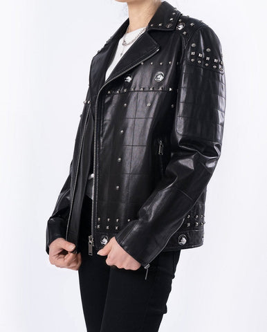 Black Rivet Punk Genuine Leather Moto Biker Jacket