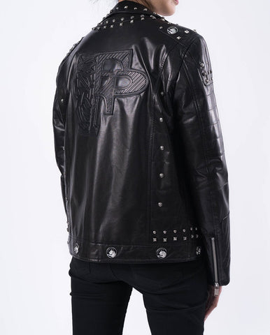 Black Rivet Punk Genuine Leather Moto Biker Jacket