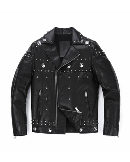 Black Rivet Punk Genuine Leather Moto Biker Jacket
