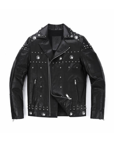Black Rivet Punk Genuine Leather Moto Biker Jacket