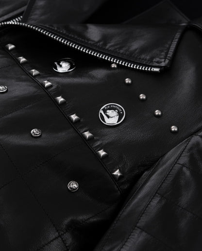 Black Rivet Punk Genuine Leather Moto Biker Jacket