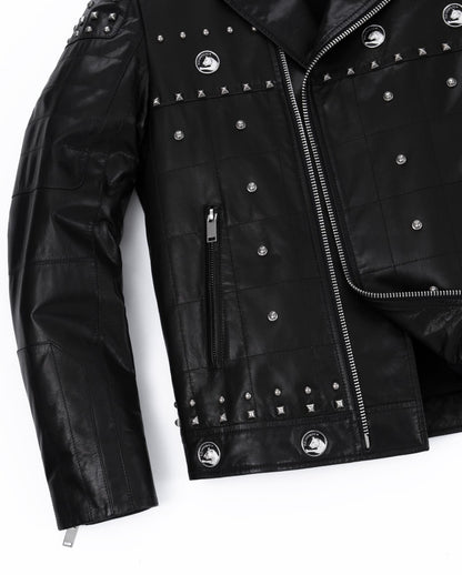Black Rivet Punk Genuine Leather Moto Biker Jacket