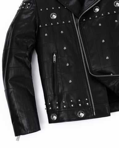 Black Rivet Punk Genuine Leather Moto Biker Jacket