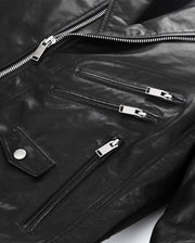 Black Quilted Genuine Leather Moto Biker Jacket with Belt
