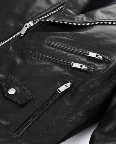 Black Quilted Genuine Leather Moto Biker Jacket with Belt