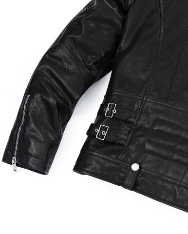 Black Quilted Genuine Leather Moto Biker Jacket with Belt