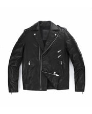 Black Quilted Genuine Leather Moto Biker Jacket with Belt