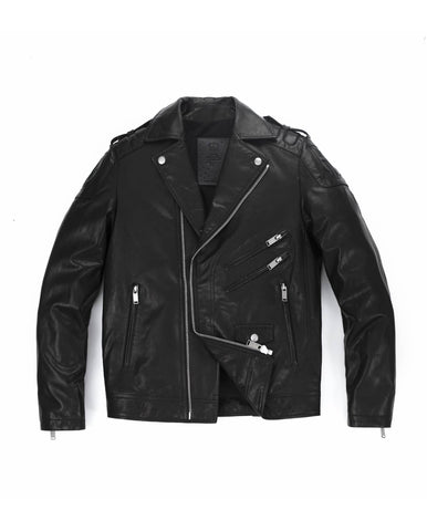 Black Quilted Genuine Leather Moto Biker Jacket with Belt