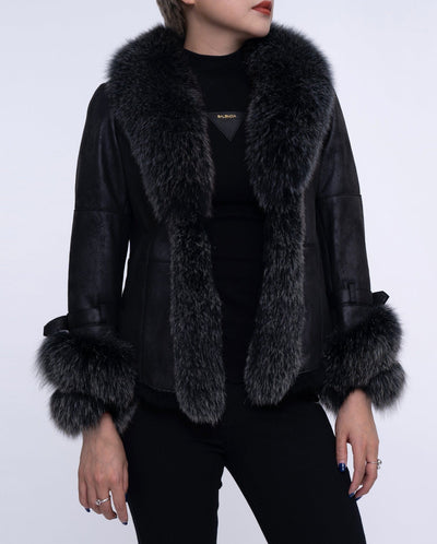 Womens Black Fox Fur Suede Jacket with Rabbit Fur Lining