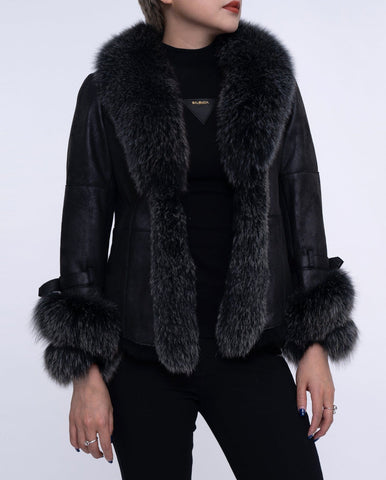 Womens Black Fox Fur Suede Jacket with Rabbit Fur Lining