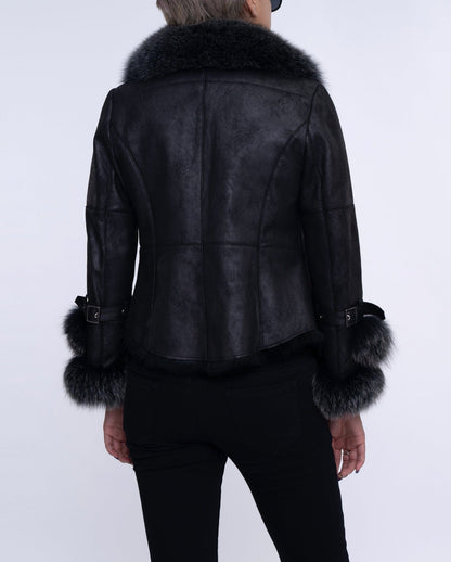 Womens Black Fox Fur Suede Jacket with Rabbit Fur Lining