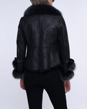 Womens Black Fox Fur Suede Jacket with Rabbit Fur Lining