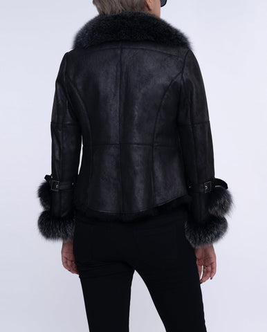 Womens Black Fox Fur Suede Jacket with Rabbit Fur Lining