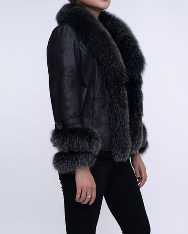 Womens Black Fox Fur Suede Jacket with Rabbit Fur Lining