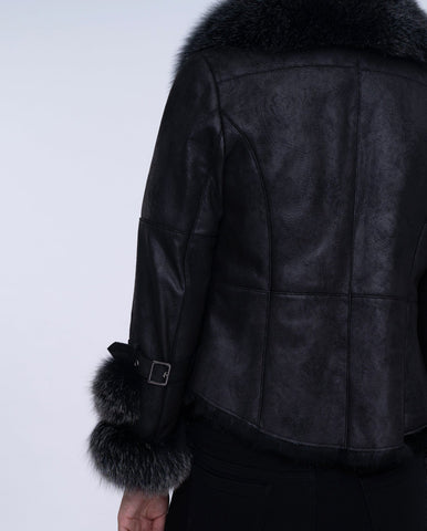 Womens Black Fox Fur Suede Jacket with Rabbit Fur Lining