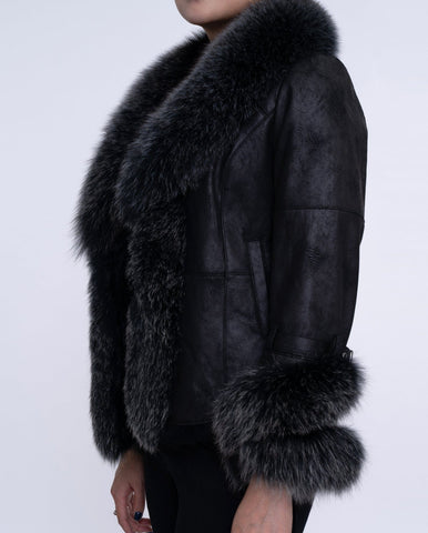 Womens Black Fox Fur Suede Jacket with Rabbit Fur Lining