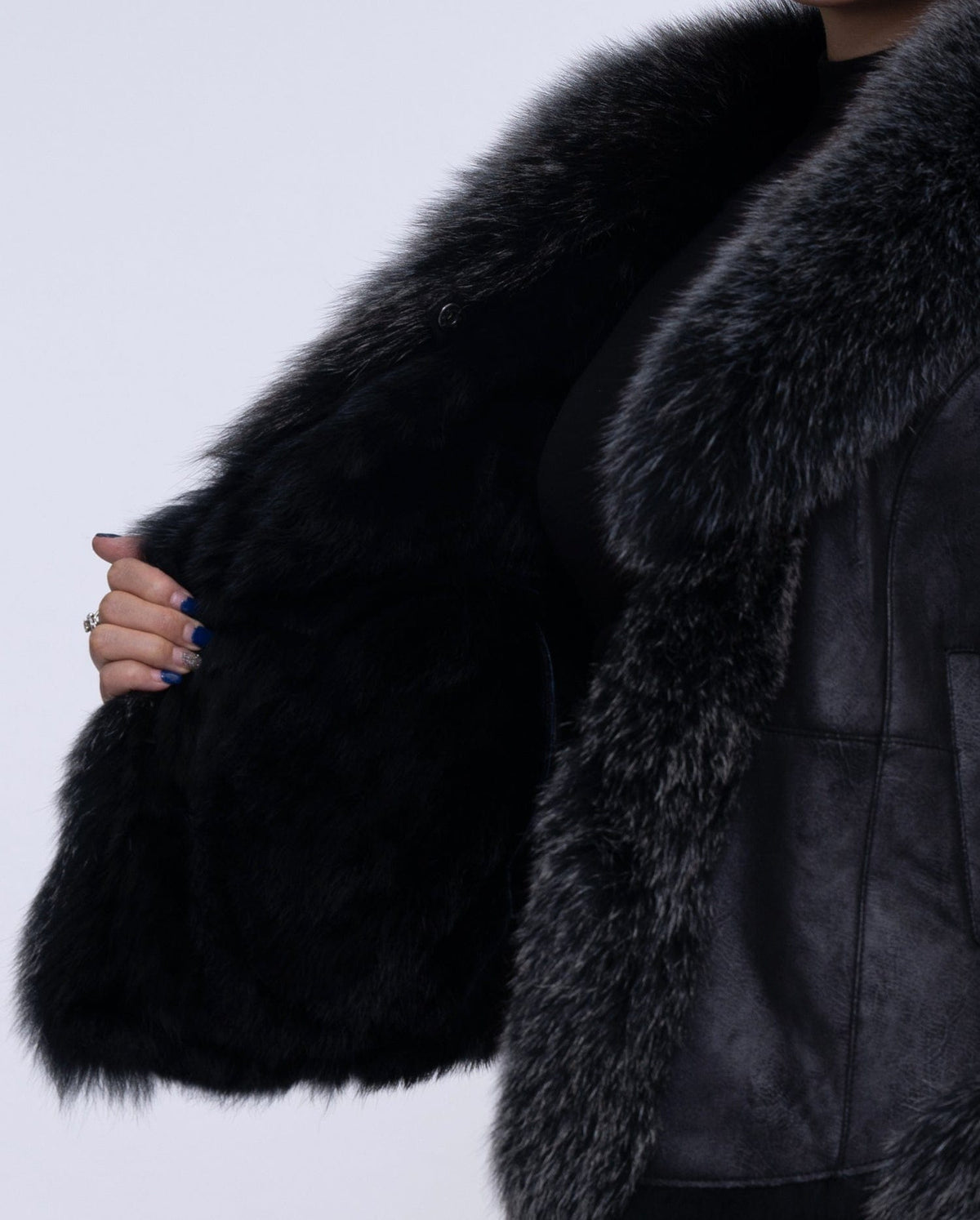 Womens Black Fox Fur Suede Jacket with Rabbit Fur Lining