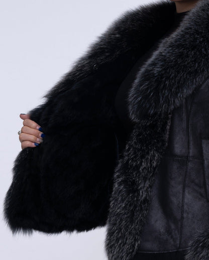 Womens Black Fox Fur Suede Jacket with Rabbit Fur Lining
