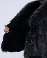 Womens Black Fox Fur Suede Jacket with Rabbit Fur Lining