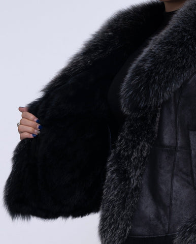 Womens Black Fox Fur Suede Jacket with Rabbit Fur Lining