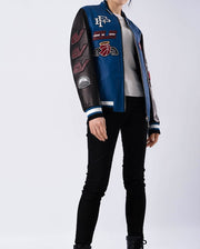 Black Blue Pattern Patched Lambskin Leather Varsity Bomber Jacket